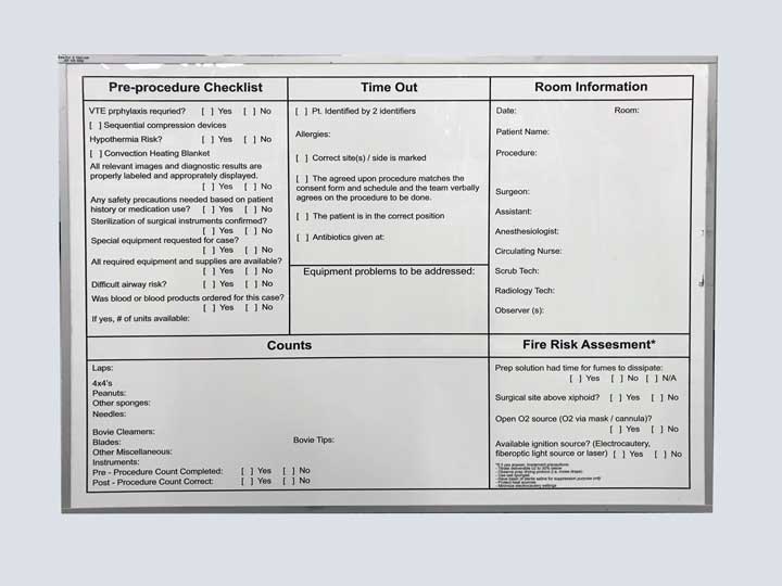 Dry Erase Board - 4' Horiz - Pre-Procedure Check List